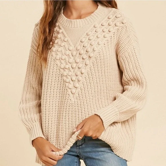 Women's Dark Green Soft Knit Chevron Pom Pom Sweater In Loom Size M/L - Picture 2 of 7